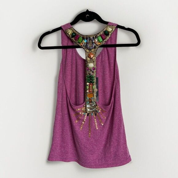 MEGHAN LA Top Womens SZ S Purple Beaded Sequin Razorback Tank  BOHO Peasant  NWT - Picture 1 of 8